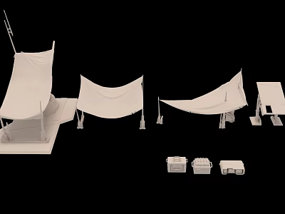 White Canvas Tent Structures With Foldable Boxes And Support Poles 3d model