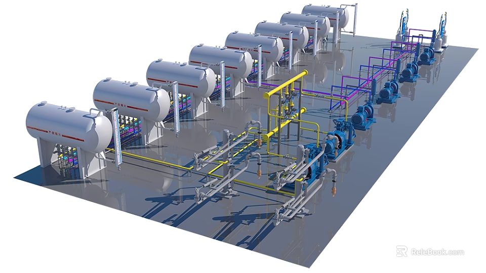 Industrial Equipment Setup Featuring Multiple Storage Tanks Pipes and Valves 3d model 