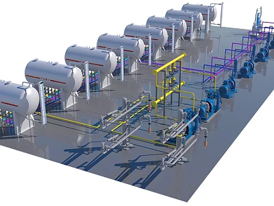 Industrial Equipment Setup Featuring Multiple Storage Tanks Pipes and Valves 3d model