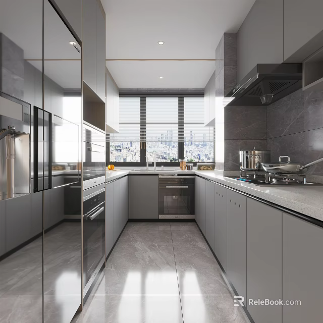 Modern Gray Kitchen Interior Design With Cabinets Appliances And Large Windows 3d model