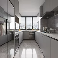 Modern Gray Kitchen Interior Design With Cabinets Appliances And Large Windows 3d model