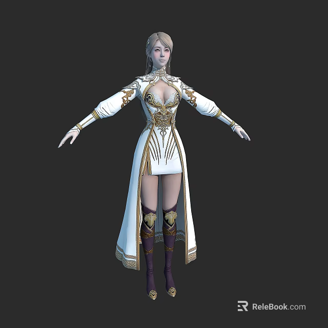 Fantasy Female Character 3D Model With Silver Hair White Gold Robe And Long Boots 3d model 