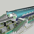 Modern Station Architecture With Blue Roof Glass Structure And Green Plants Entrance