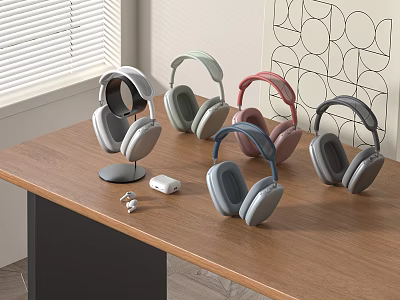 Wireless Over Ear Headphones With Modern Design And Multiple Colors On Wooden Table 3d model
