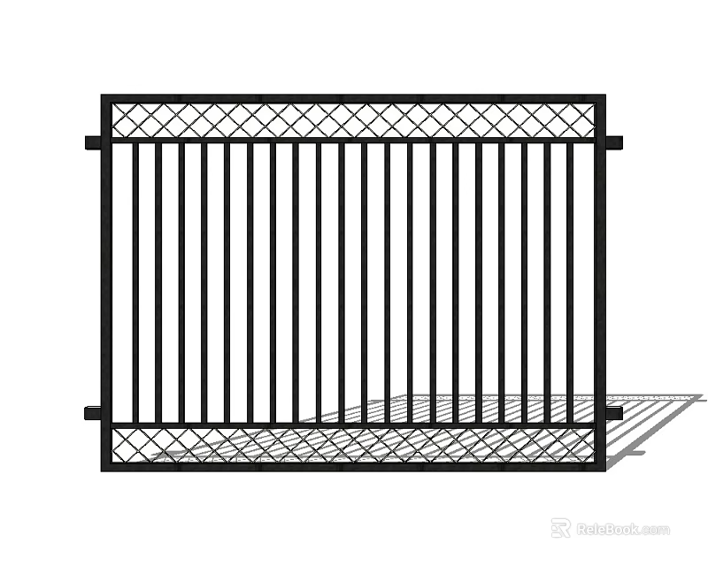 Modern Black Metal Gate with Vertical Bars and Top and Bottom Lattice Design 3d model 