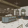 Cozy Restaurant Interior With Wooden Ceiling Pendant Lamps Arched Windows Booth Seating And Bar Counter