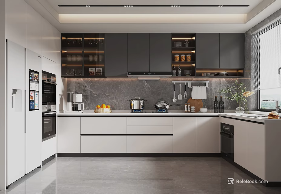 Modern Kitchen Interior Featuring White Gray Cabinets Marble Countertop And Appliances 3d model 