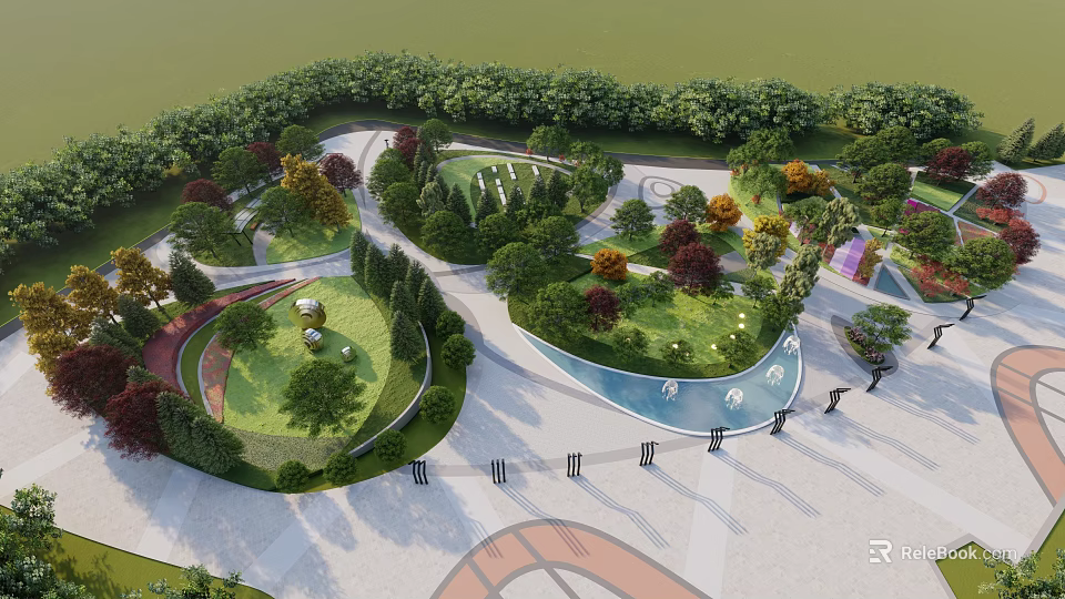 Beautifully Designed Park Landscape with Lush Trees Curved Lawns and Decorative Water Features 3d model 