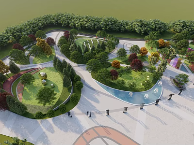 Beautifully Designed Park Landscape with Lush Trees Curved Lawns and Decorative Water Features 3d model