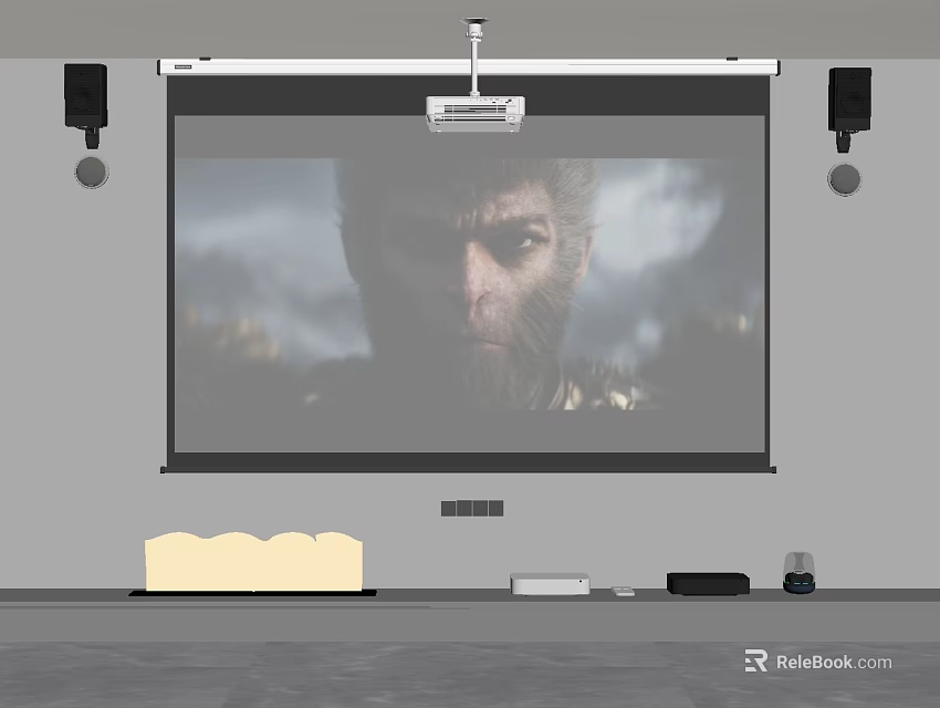 Projection Monitoring System For Home Theater With Projector Screen And Audio Equipment Setup 3d model 