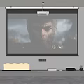 Projection Monitoring System For Home Theater With Projector Screen And Audio Equipment Setup