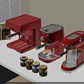 Red Daily Use Coffee Makers On Kitchen Counter With Coffee Cans And Bags 3d model