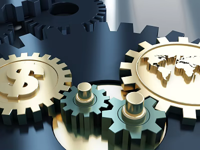 Business Equipment Interconnected Gears Featuring Dollar Symbol And World Map 3d model