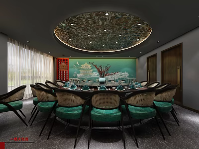 Private Dining Room Interior With Round Table Green Chairs And Chinese Traditional Decor 3d model