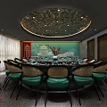 Private Dining Room Interior With Round Table Green Chairs And Chinese Traditional Decor