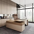 Modern Office Desk Interior With Wooden Cabinets Marble Wall Office Chair Laptop And Desk Lamp