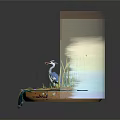 Blue Heron Standing In Pond With Green Reeds And Purple Water Lilies