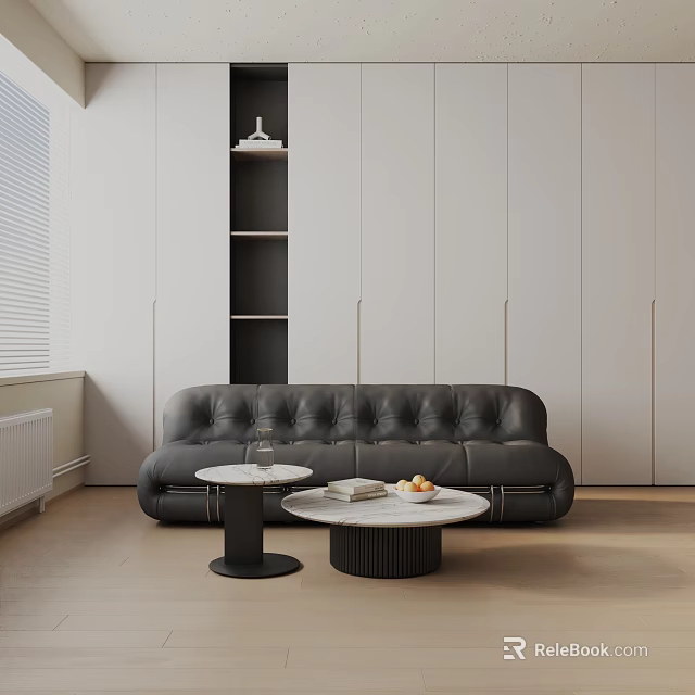 Modern Black Leather Three Seater Sofa With Tufted Design Round Coffee Tables And White Walls 3d model 