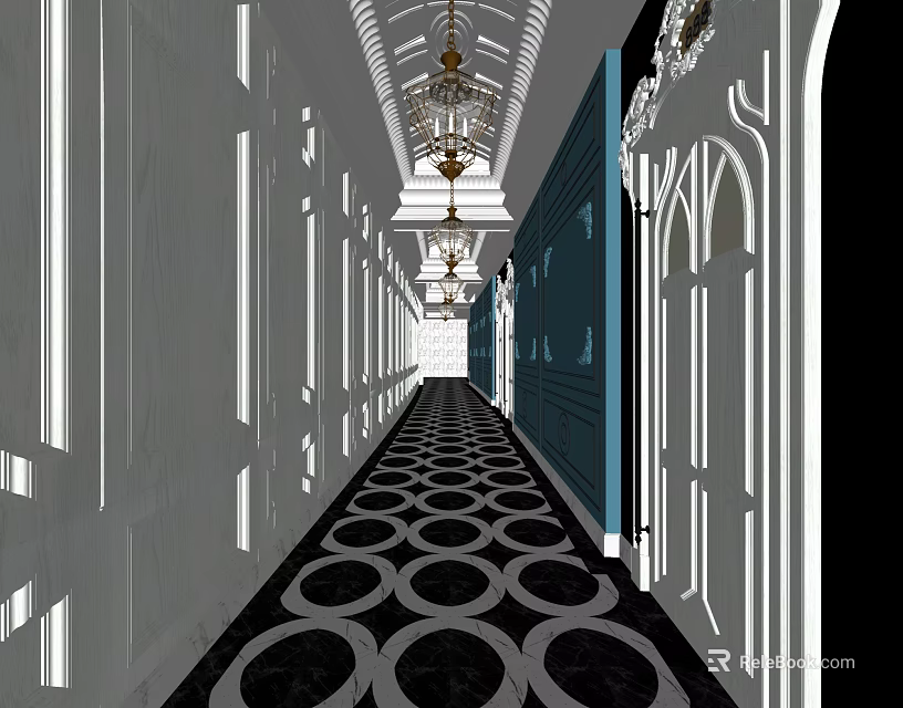Elevator Hallway With Classic Chandeliers Circular Floor Pattern And Elegant Wall Design 3d model