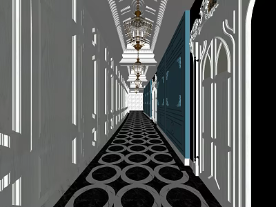 Elevator Hallway With Classic Chandeliers Circular Floor Pattern And Elegant Wall Design 3d model