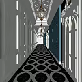 Elevator Hallway With Classic Chandeliers Circular Floor Pattern And Elegant Wall Design 3d model