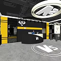 Modern Store Front Desk Design With Black Yellow Pillars And Circular Logo 3d model