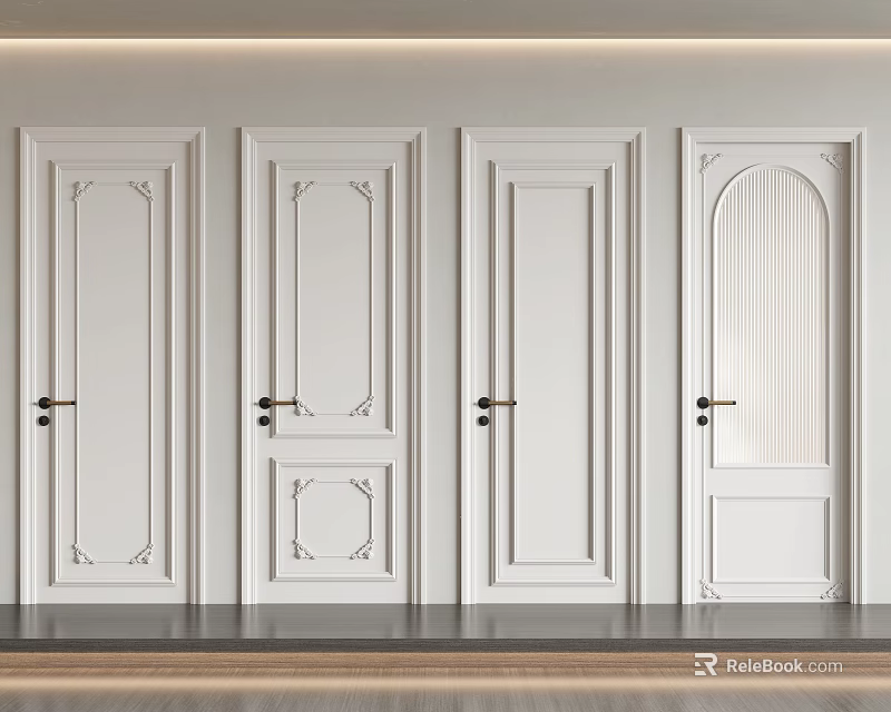 Modern White Hinged Doors With Various Panel Designs And Decorative Details 3d model 