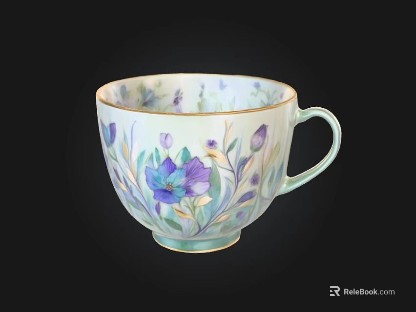 Ceramic Decorative Cup With Purple Flowers Green Leaves Gold Rim And Light Green White Base 3d model 