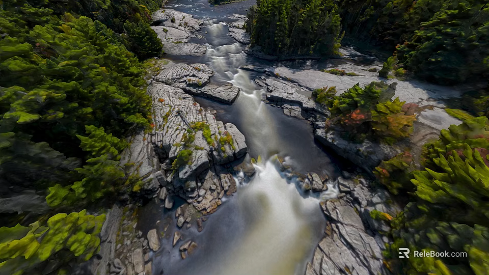 Scenic Natural Microtopography with Flowing River Rocks and Lush Green Trees 3d model 