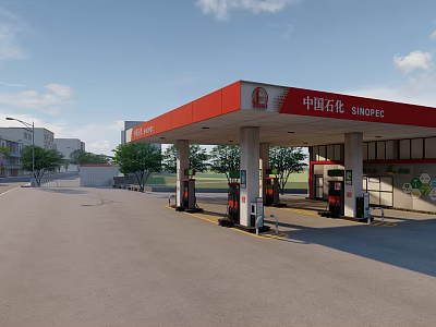 Modern Road Facility Sinopec Gas Station With Red Canopy Fuel Pumps And Parking Area 3d model