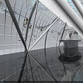 Amusement Park Indoor Attraction With Glass Dome Blue Lighting Reflective Floor And Geometric Frame Design