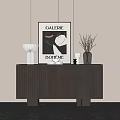 Brown Vertical Slat Console Table With White Lamp Artwork And Black Vase On Marble Floor