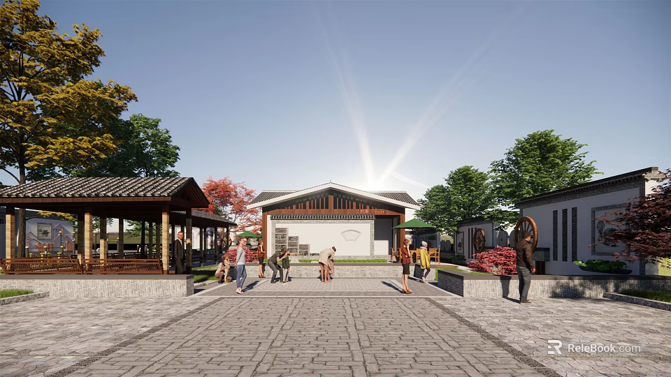 Traditional Chinese Courtyard Scene With People Trees And Stone Path 3d model