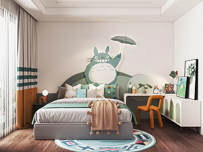 Cozy Kids Room Interior With Totoro Mural Bed Pillows Blanket Desk Chair And Rug 3d model