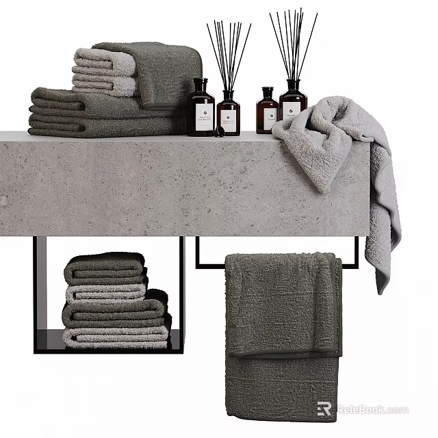 Bathroom Towels Display with Stacked Hanging Styles and Aromatherapy Bottles 3d model 