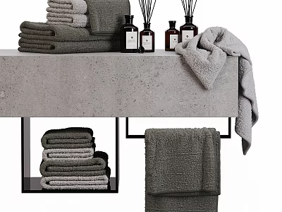 Bathroom Towels Display with Stacked Hanging Styles and Aromatherapy Bottles 3d model