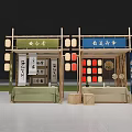 Traditional Chinese Street Stalls With Wooden Structures Signboards And Lanterns