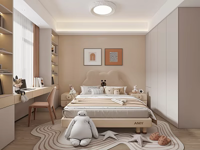 Cozy Kids Room With Bear Shaped Headboard Stuffed Toy Star Pattern Rug Desk And Paintings 3d model
