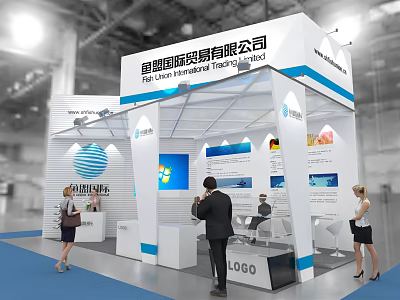 Modern Exhibition Booth For International Trade Company With White Blue Design And Display Elements 3d model