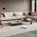 Modern Living Room With Beige L Shaped Sofa Gray Armchair And Marble Accent Wall