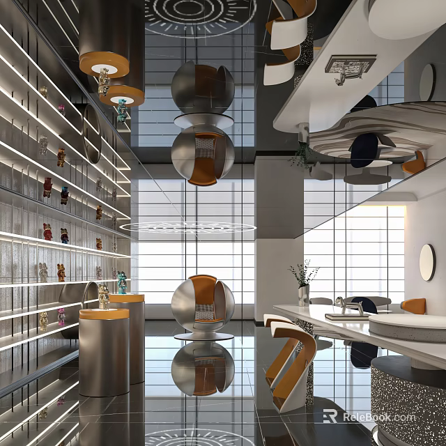 Modern Lounge Area Interior With Spherical Chairs Display Shelves Pendant Lights And White Countertops 3d model 