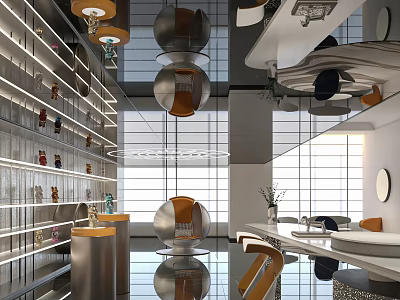 Modern Lounge Area Interior With Spherical Chairs Display Shelves Pendant Lights And White Countertops 3d model