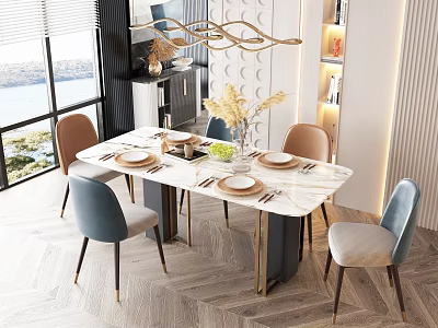 Elegant Dining Table Set With Marble Top And Upholstered Blue Beige Chairs Plus Gold Chandelier 3d model