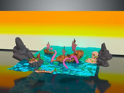 Vibrant Pirate Ship Scene With Tropical Islands Skull Pink Flamingo Blue Water And Orange Yellow Sky 3d model