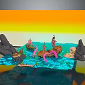 Vibrant Pirate Ship Scene With Tropical Islands Skull Pink Flamingo Blue Water And Orange Yellow Sky