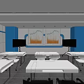 School Classroom Interior With Blue And White Walls Student Desks Chairs Charts And Ceiling Lighting