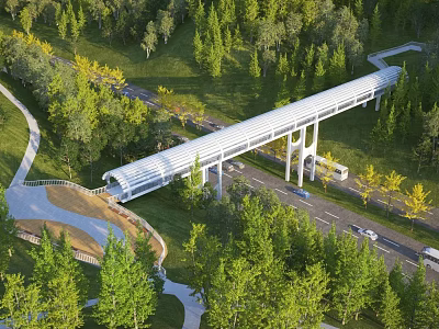 Modern White Landscape Bridge Surrounded By Green Trees Grassland With Road Below In Urban Park 3d model