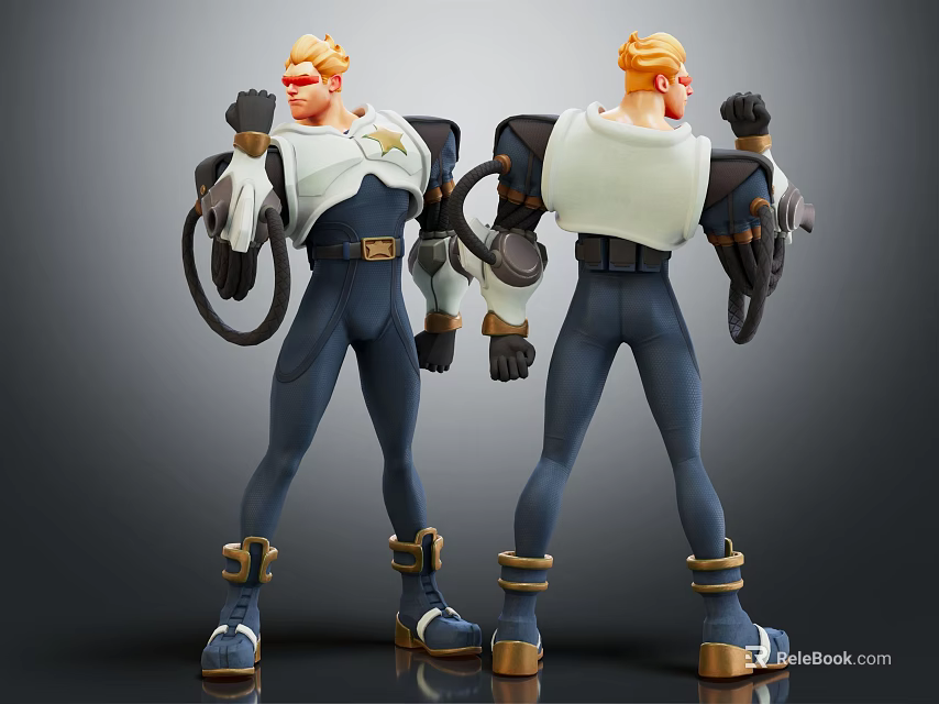 3D Sci Fi Character With Blonde Hair Blue White Costume Mechanical Equipment Front Back View 3d model 