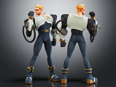 3D Sci Fi Character With Blonde Hair Blue White Costume Mechanical Equipment Front Back View 3d model