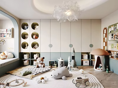 Cozy Kids Room Interior Design With Stuffed Animals Play Area And Storage Cabinets 3d model